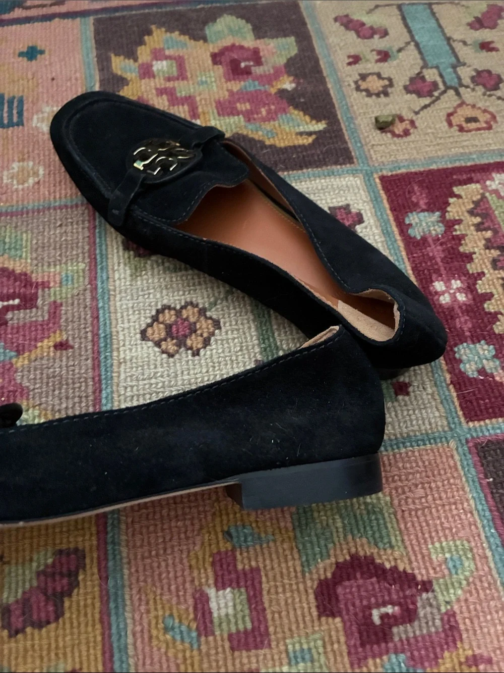 Tory Burch Black Suede Loafers with Gold Logo Medallion - Picture 3 of 3
